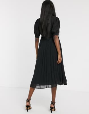 asos design pleated high neck midi dress with embroidery