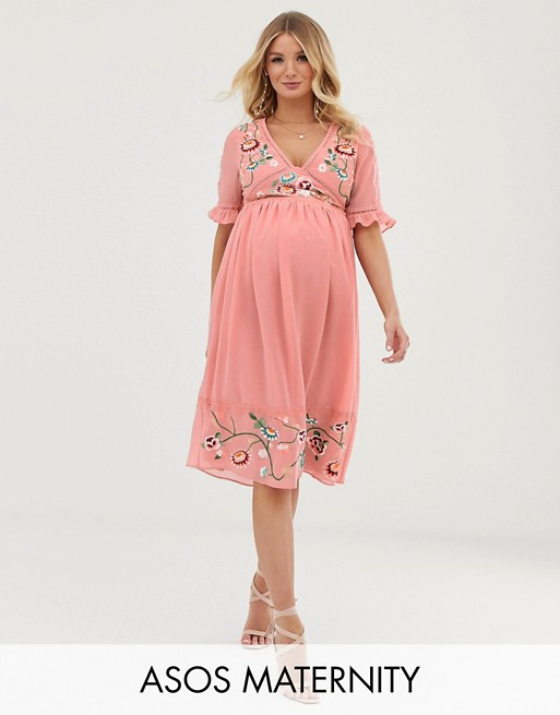 ASOS DESIGN Maternity embroidered midi dress with lace trims
