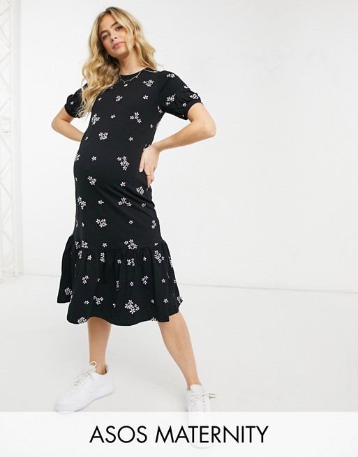 ASOS DESIGN Maternity embroidered midi puff sleeve dress in black
