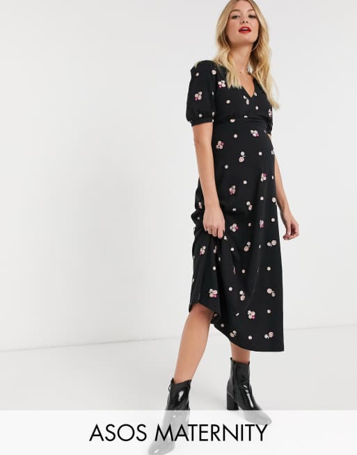 ASOS DESIGN Maternity embroidered midi tea dress in black