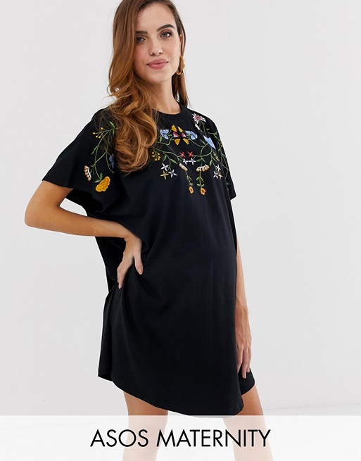 ASOS DESIGN Maternity embroidered oversized t-shirt dress in black