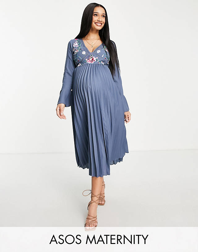 ASOS Maternity - ASOS DESIGN Maternity embroidered pleated midi dress in blue