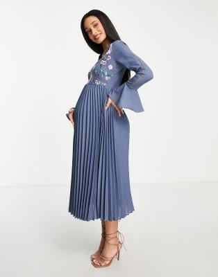 ASOS DESIGN Maternity embroidered pleated midi dress in blue ASOS