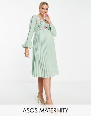 Asos Maternity Asos Design Maternity Embroidered Pleated Midi Dress In Sage-green