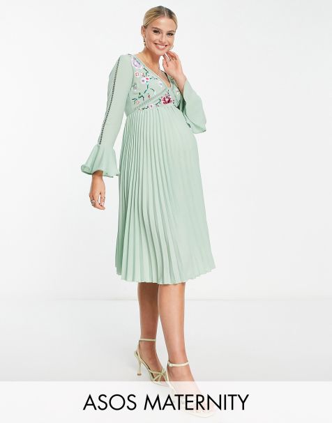 ASOS DESIGN Maternity embroidered pleated midi dress in sage - view 1
