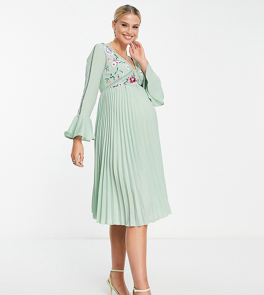 Asos Maternity Asos Design Maternity Embroidered Pleated Midi Dress In Sage-green