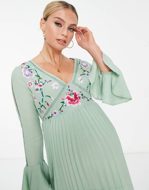 ASOS DESIGN Maternity embroidered pleated midi dress in sage