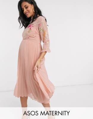 asos design pleated midi dress with fluted long sleeve in floral print