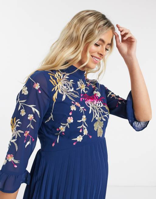 Asos design embroidered pleated best sale midi dress with fluted sleeve