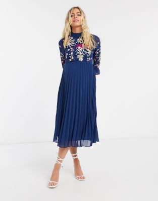 asos design embroidered pleated midi dress with fluted sleeve