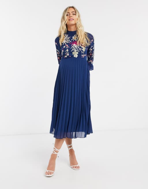 ASOS DESIGN Maternity embroidered pleated midi dress with fluted sleeve in navy