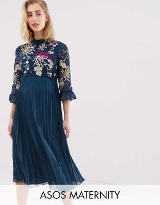 asos design embroidered pleated midi dress with fluted sleeve