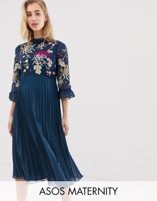 Asos design embroidered pleated midi dress with hotsell fluted sleeve