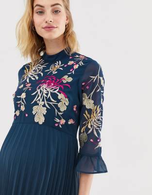 asos design pleated midi dress with fluted sleeve in floral print