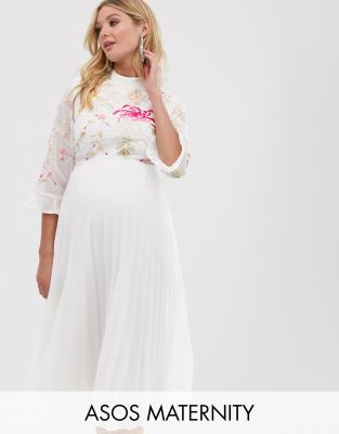 asos design embroidered pleated midi dress with fluted sleeve