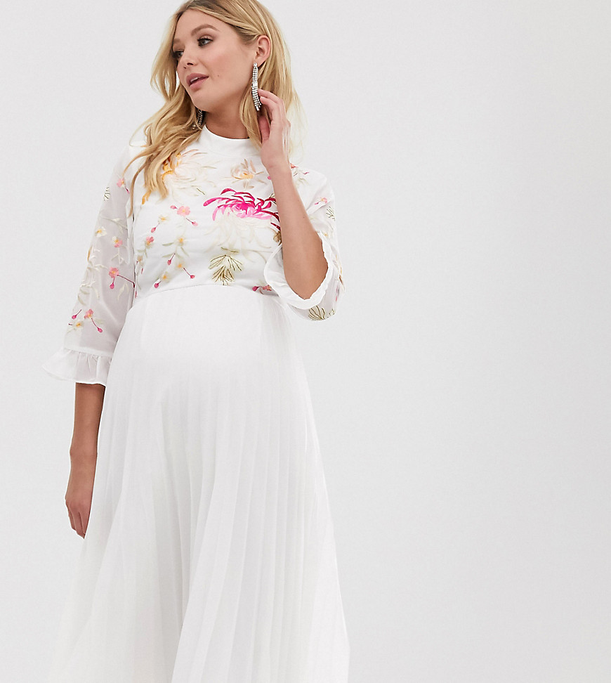 ASOS DESIGN Maternity embroidered pleated midi dress with fluted sleeve-White
