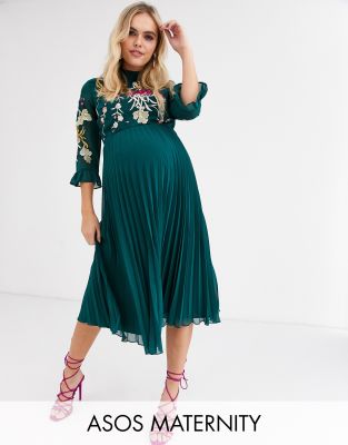 asos design pleated midi dress with fluted sleeve in floral print