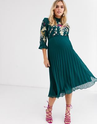 asos green pleated midi dress