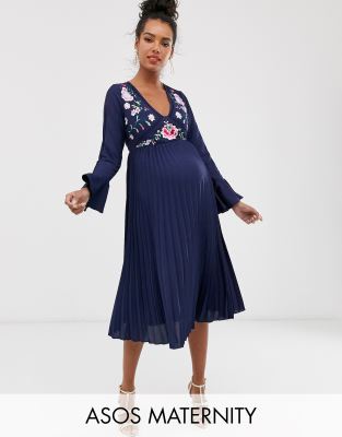 ASOS DESIGN Maternity embroidered pleated midi dress with lace inserts ...