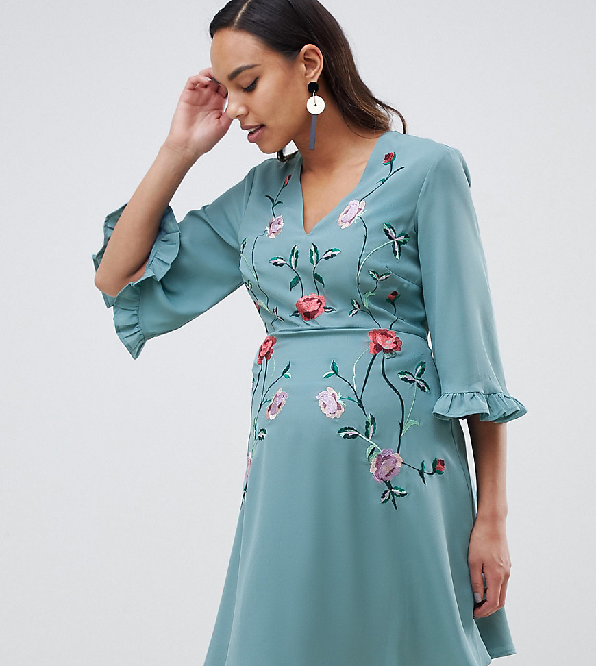ASOS DESIGN Maternity embroidered ruffle sleeve mini dress-Multi