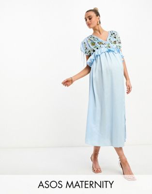 ASOS DESIGN Maternity embroidered satin midi dress with frill waist in pale blue