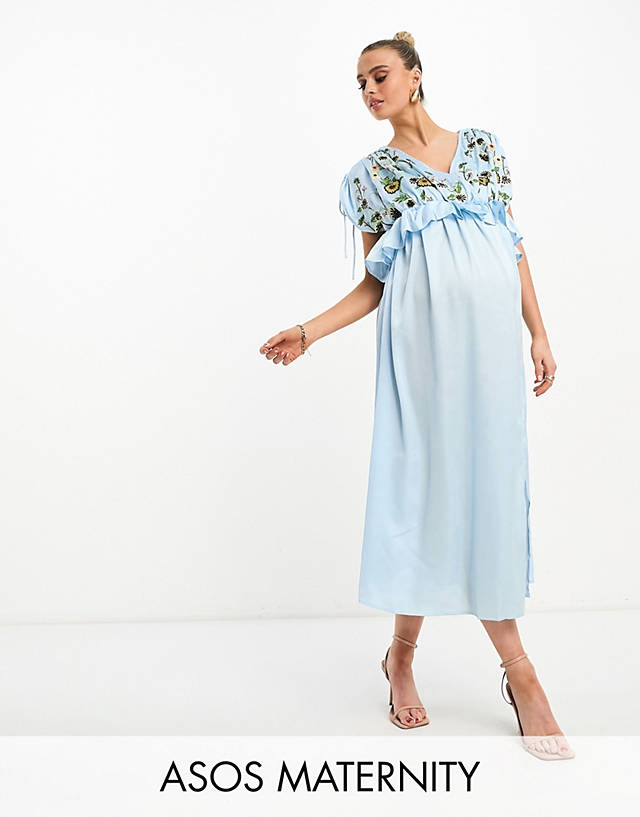 ASOS Maternity - ASOS DESIGN Maternity embroidered satin midi dress with frill waist in pale blue