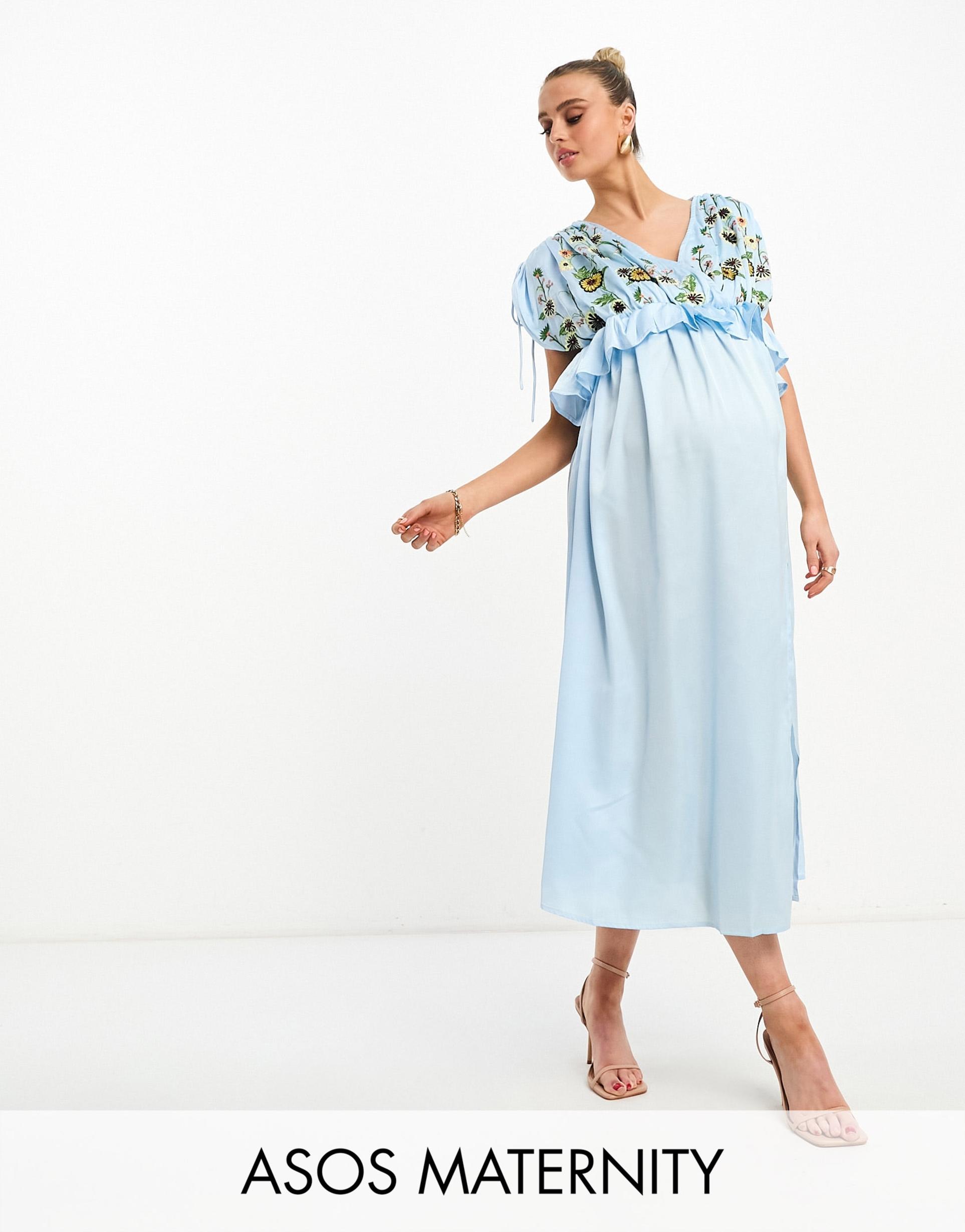asos design maternity embroidered satin midi dress with frill waist in pale blue