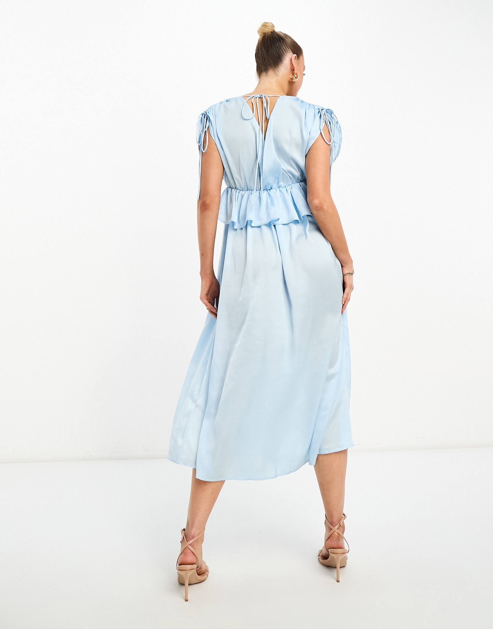 asos design maternity embroidered satin midi dress with frill waist in pale blue