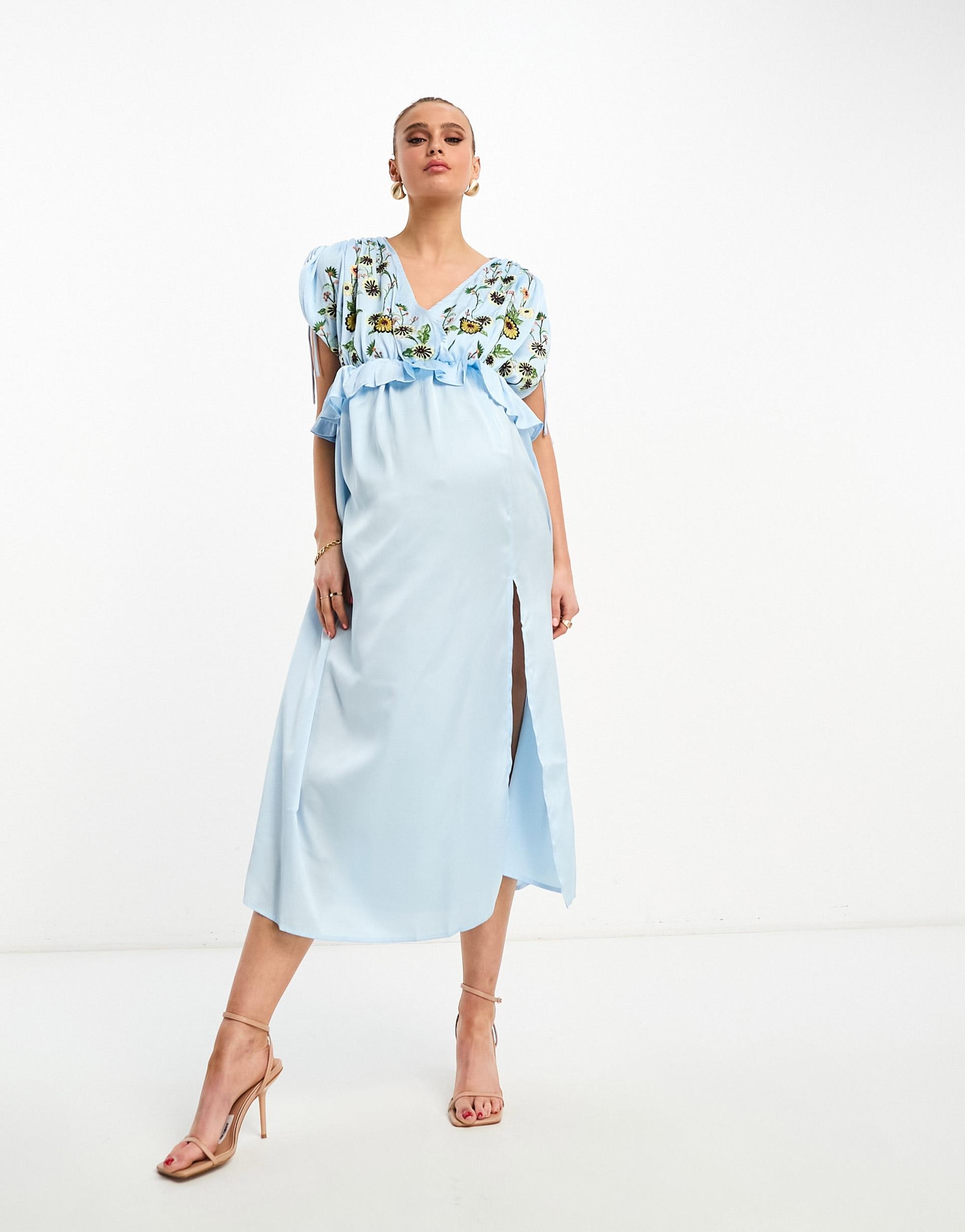 asos design maternity embroidered satin midi dress with frill waist in pale blue