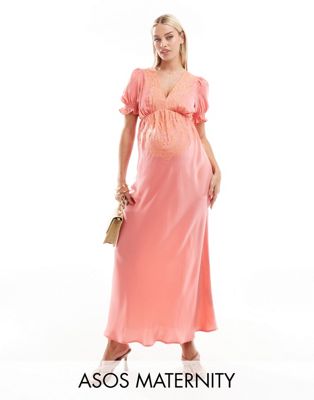 Asos Maternity Asos Design Maternity Embroidered Satin Midi Tea Dress In Pink With Peach Embroidery-multi