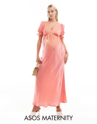 ASOS Maternity ASOS DESIGN Maternity embroidered satin midi tea dress in pink with peach embroidery-Multi