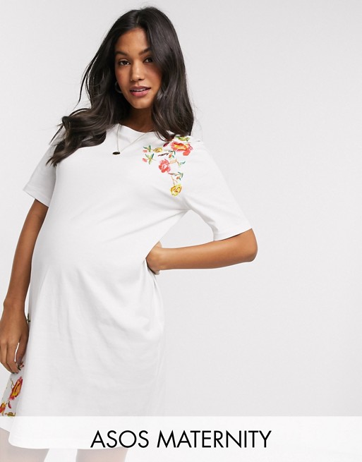 ASOS DESIGN Maternity embroidered t-shirt mini dress in white