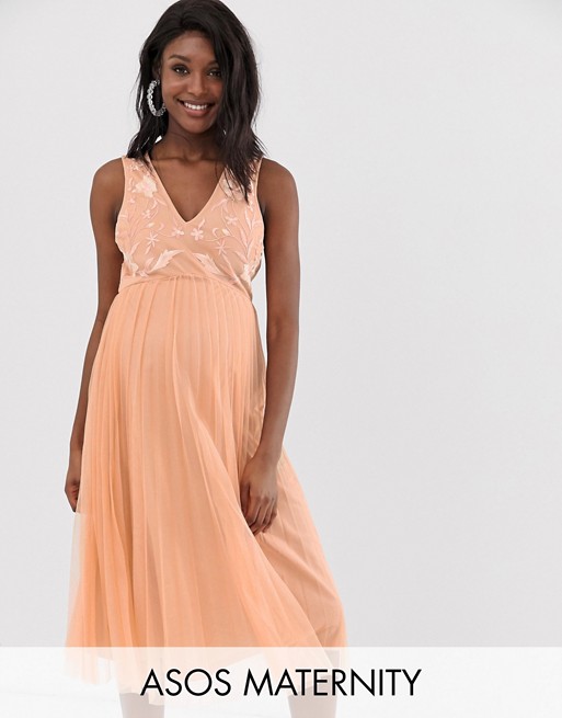 ASOS DESIGN Maternity embroidered top pleated tulle midi dress