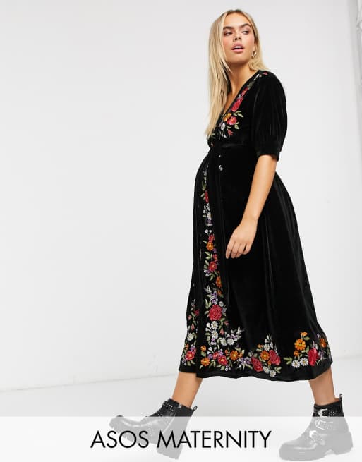 Asos Design Maternity Embroidered Velvet Midi Tea Dress Asos 