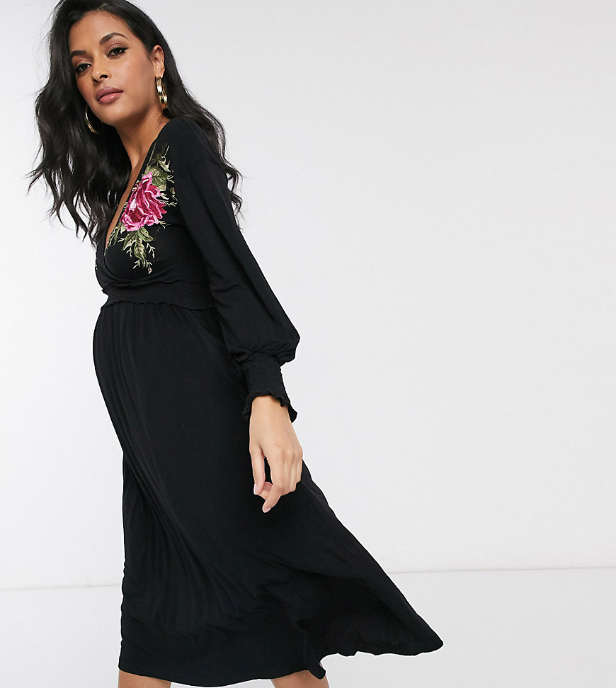 ASOS DESIGN Maternity embroidered wrap dress in black