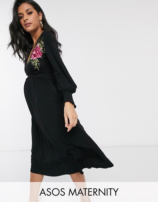 ASOS DESIGN Maternity embroidered wrap dress in black