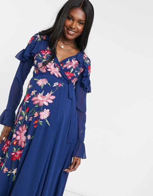 ASOS DESIGN Maternity embroidered wrap maxi dress with pephem and fluted sleeves in navy ASOS