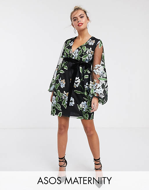 ASOS DESIGN Maternity embroidered wrap midi dress with blouson sleeve and tie waist