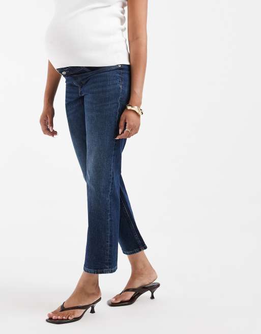 ASOS DESIGN Maternity enkeljeans met comfort stretch en rechte pijpen in donker middenblauw, 2 van 5