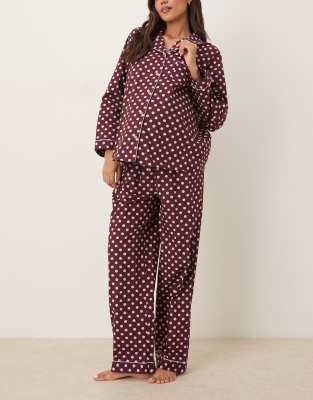 ASOS DESIGN Maternity - Ensemble de pyjama à pois avec bords en velours-Brown