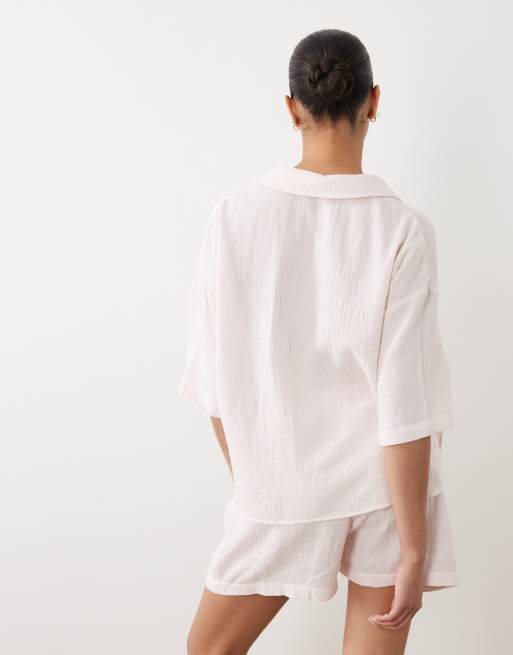 ASOS DESIGN Maternity - Ensemble de pyjama en gaze de coton avec short et chemise à manches courtes - Rose pastel, 4 de 4