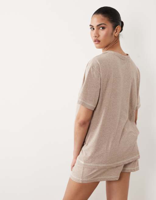 ASOS DESIGN Maternity Essentials oversized tee and shorts pajama set in heathered brown with contrast overlock stitching, 4 of 4