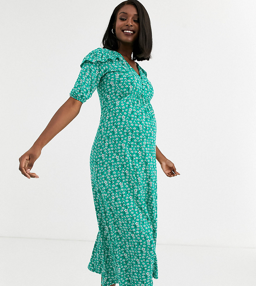ASOS DESIGN Maternity - Exclusieve lange jurk met ruche met frijne groene print