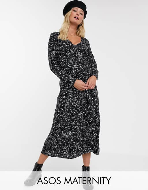 ASOS DESIGN Maternity - Exclusieve midi-jurk met gestrikte taille en knopen in stippenprint