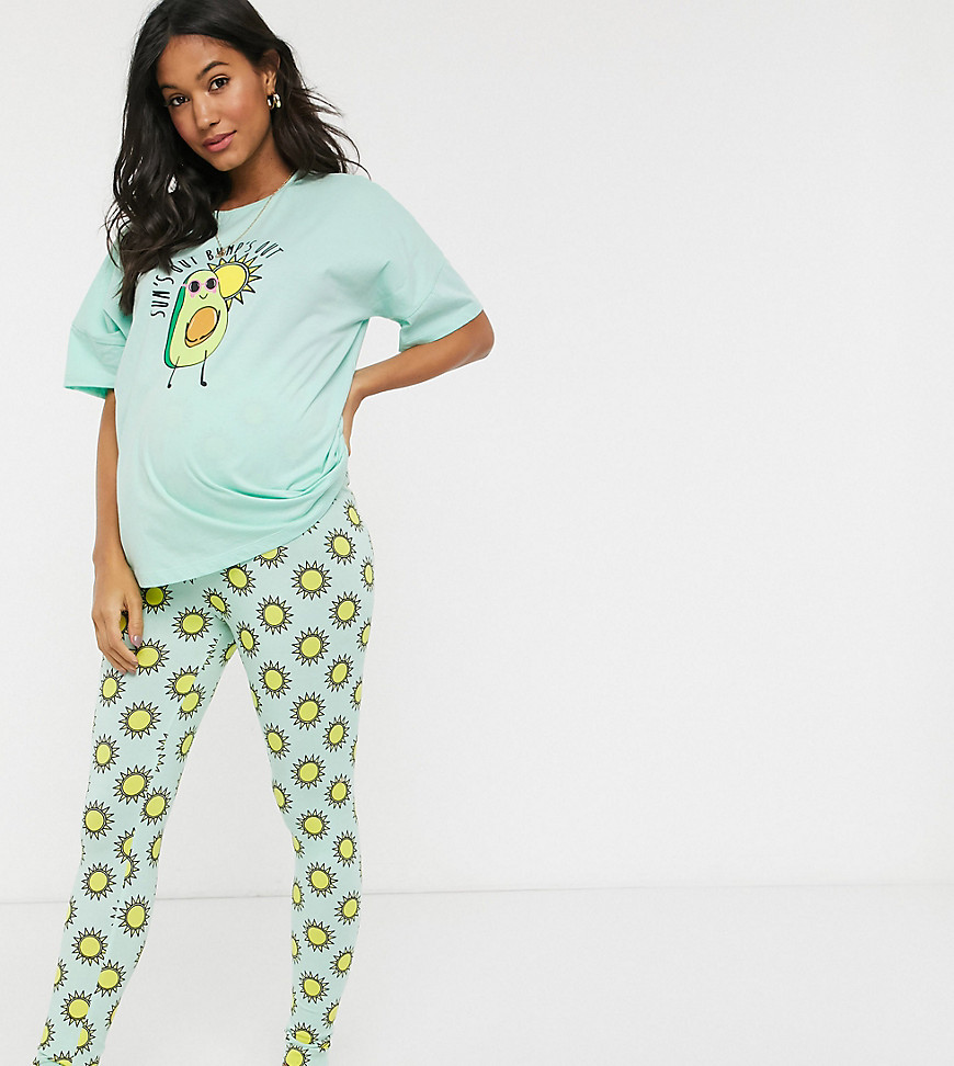 ASOS DESIGN Maternity - Exclusieve set van T-shirt en legging met zon die uit avocado komt-Blauw