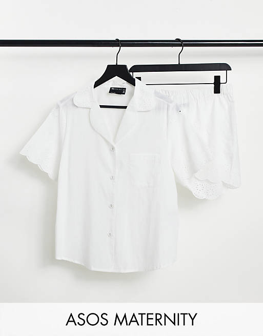 ASOS DESIGN Maternity exclusive broderie shirt & short pyjama set in white