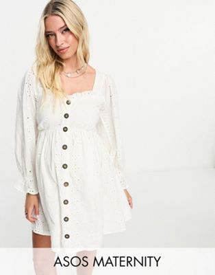 ASOS DESIGN Maternity exclusive broderie square neck button through dress in white
