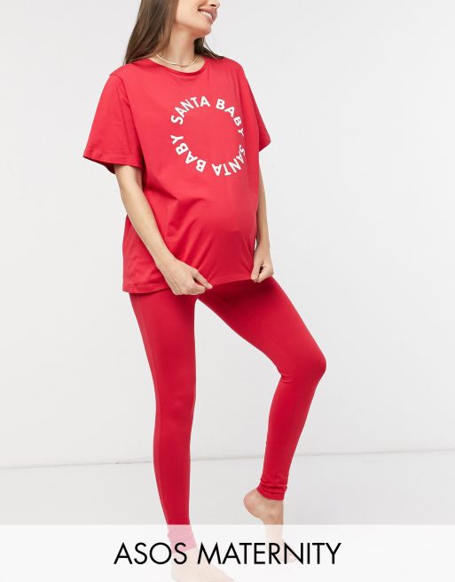 ASOS DESIGN Maternity exclusive Christmas santa baby tee & legging pyjama set in red