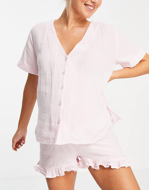 Women Maternity exclusive cotton gauze collarless shirt & frill short pyjama set in pink 