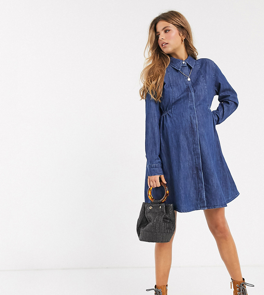 ASOS DESIGN Maternity exclusive denim shirt dress with ruching detail in midwash blue